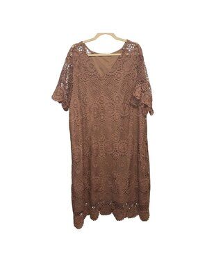Beige Crochet Lace Dress With Lining & Bell Sleeves - Womens 4XL